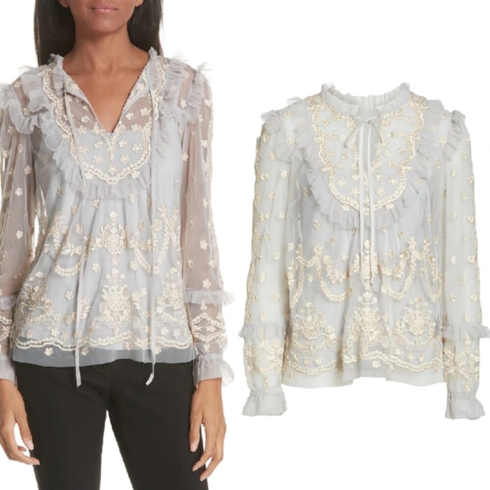Needle & Thread Flapper Embroidered Tulle Top In Vintage Blue 6